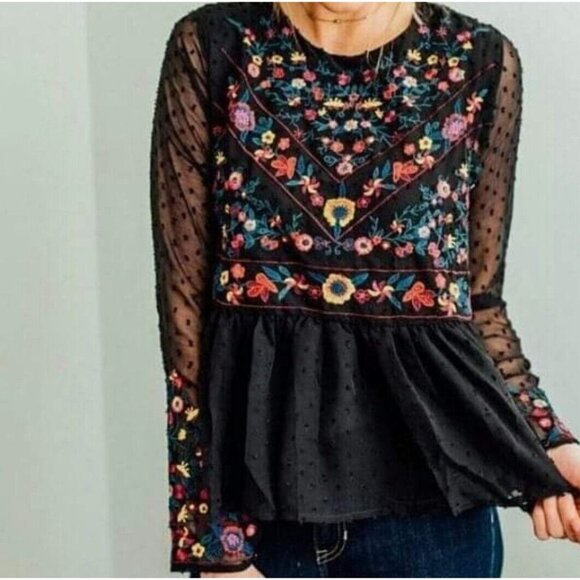 Whimsigoth Black Peplum Blouse Embroidered Flowers Swiss Dot Sheer Sleeves‎ - Picture 1 of 14